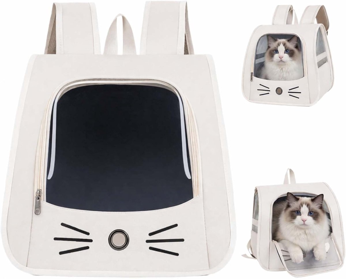 SnelShoppen - Draagbare Opvouwbare Kattentas, Ademend Huisdierrugzak met Gaasvenster voor Katten en Kleine Honden, Beige Wit, Ideaal voor Reizen, Wand