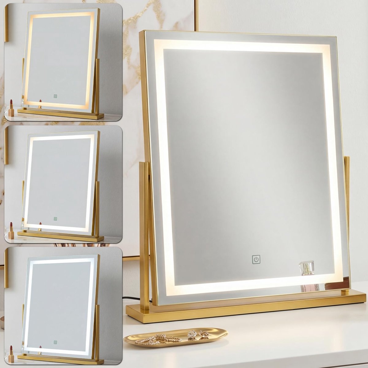 SnelShoppen - Led-make-upspiegel met verlichting, dimbare cosmetische spiegel met 3 lichtkleuren, rond, 58x52 cm, 330 graden draaibaar, perfecte make-
