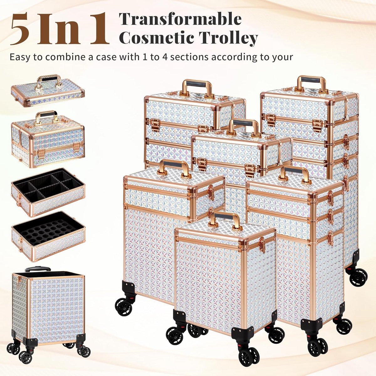 SnelShoppen - AROUS 5-in-1 Grote Make-upkoffer Dames, Professionele Beautytrolley op Wielen, Organizer voor Make-up, Nageltechnicus, Met Sloten, Wit