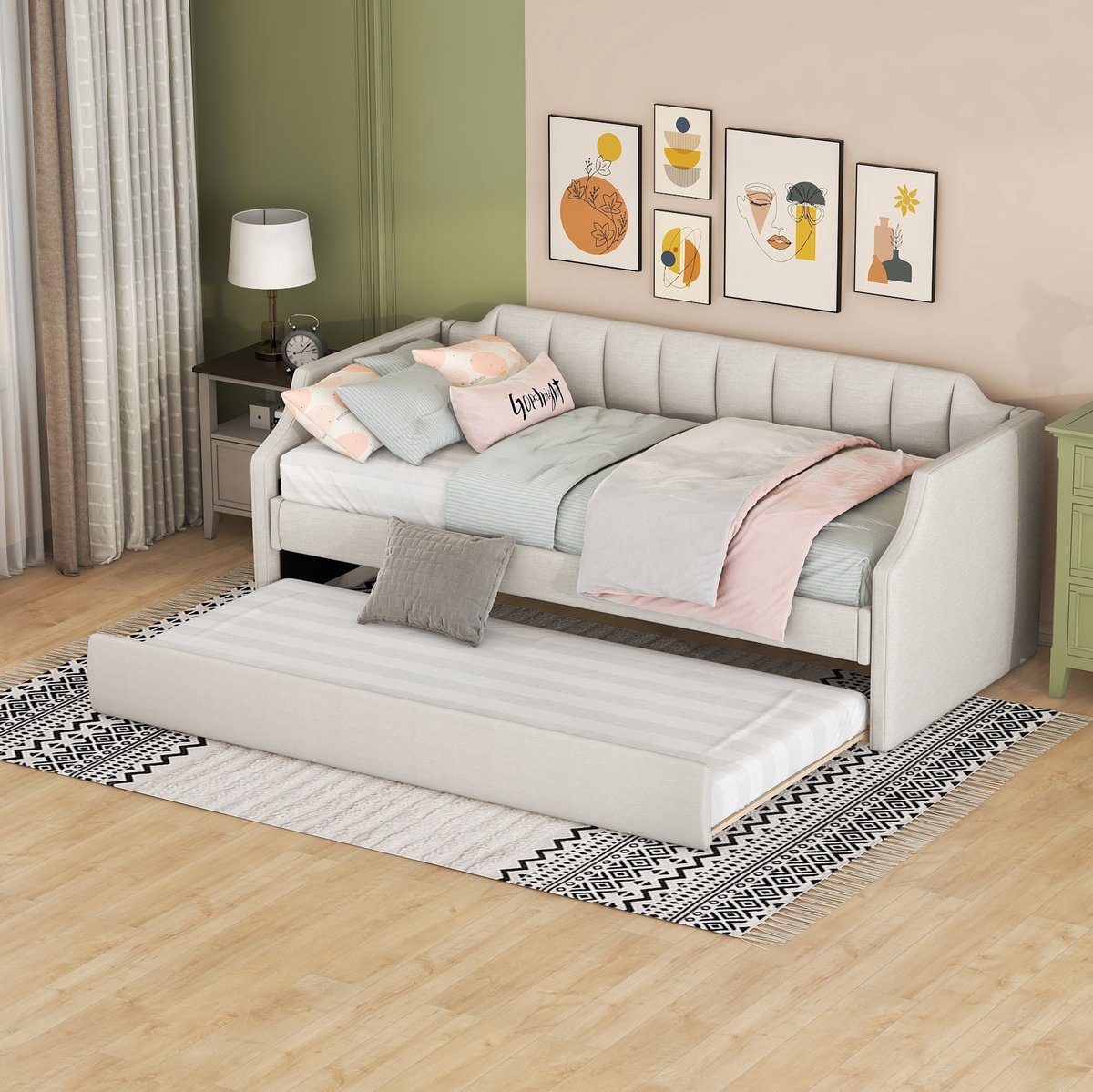 COVREO Bed 90x200 cm beige stof met uitschuifbed, zonder matras