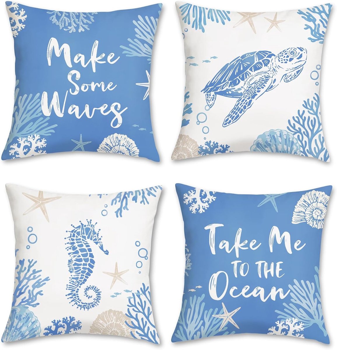 SnelShoppen - Set van 4 Kussenslopen Zomer Kust 45 x 45 cm, Zeeschildpad, Zeepaardje, Blauw, Oceaan, Fluweel, Zachte Kussenovertrekken voor Bank, Woon