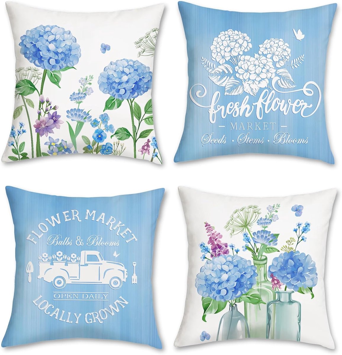 SnelShoppen - Set van 4 Decoratieve Kussenhoezen 45 x 45 cm met Hortensia Bloem in Blauw, Zachte Fluwelen Kussenslopen voor Bank en Slaapkamer, Perfec