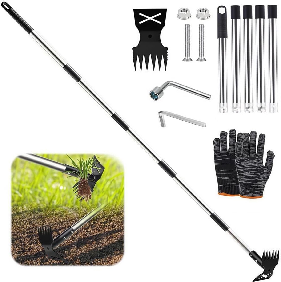 SnelShoppen - Onkruidsteker met lange steel 180 cm, 2-in-1 onkruidhark en tuinhak, ideaal voor onkruid wieden in tuin, gazon en terras, stevig tuinger
