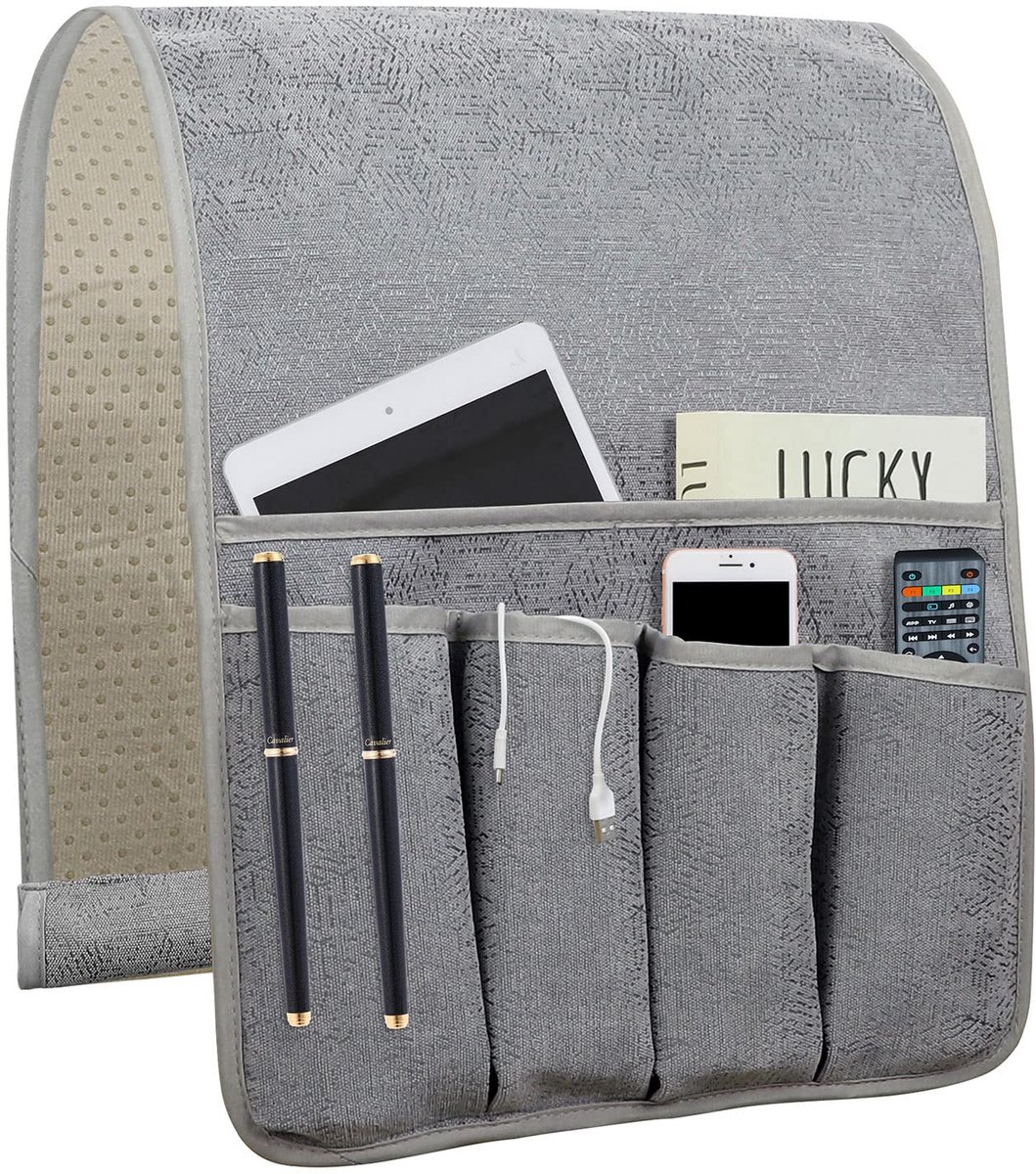 SnelShoppen - Sofa Armsteun Organizer met 5 Zakken - Antislip Afstandsbediening Houder voor Bank of Fauteuil - Caddy Accessoires - Grijs (35"x12.4")