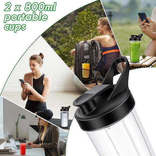 Portable Smoothie Maker, 1200 W, Mini Smoothie Maker & Blender, 2 x 800 ml Portable Mixing Cups with Stainless Steel, 6 Blades, BPA Free, for Shake, Smoothie — afbeelding 3