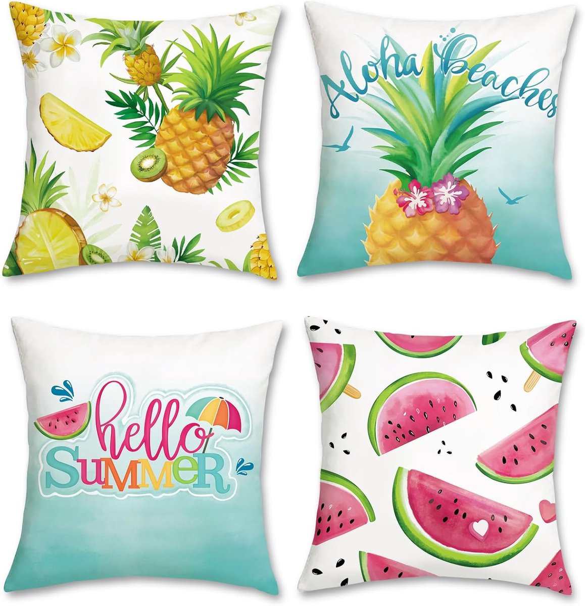 SnelShoppen - Set van 4 Decoratieve Kussenslopen 45 x 45 cm met Zomer Vruchten Motief - Watermeloen & Ananas - Zacht Fluweel voor Bank, Patio en Tuin