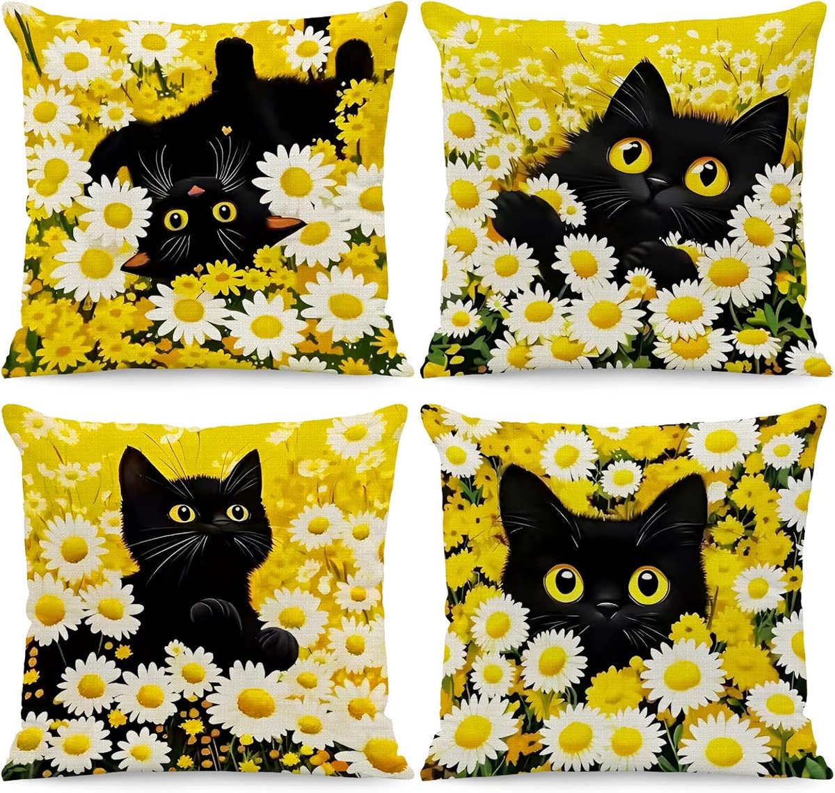 SnelShoppen - Kussensloop set van 4 - 45 x 45 cm - Zwarte kat en bloemenpatroon - Linnen kussenhoezen - Decoratieve bankkussens voor woonkamer en slaa