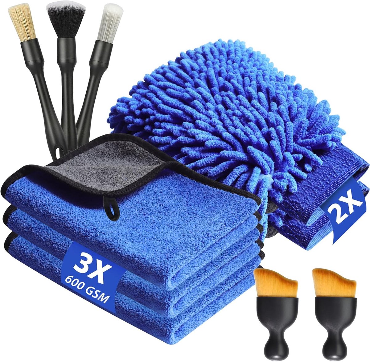 SnelShoppen - 10 Stuks Auto-Onderhoudsset met 3-Delige Microvezeldoeken, Microvezel Washandschoen, Detailingborstel, Zachte Borstels, 600 g/m², Krasvr