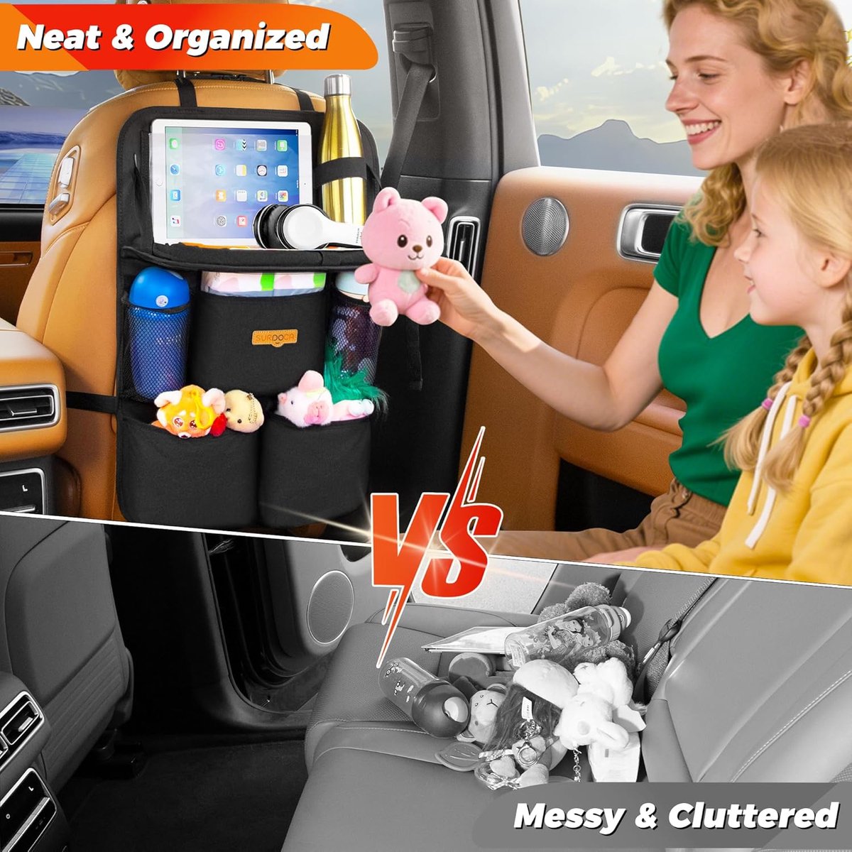 Auto-organizer voor kinderen met opklapbaar tafeltje – Achterbank-organizer met touchscreen-tabletvak, waterdichte rugleuningbescherming, past in de meeste voertuigen – foto 3