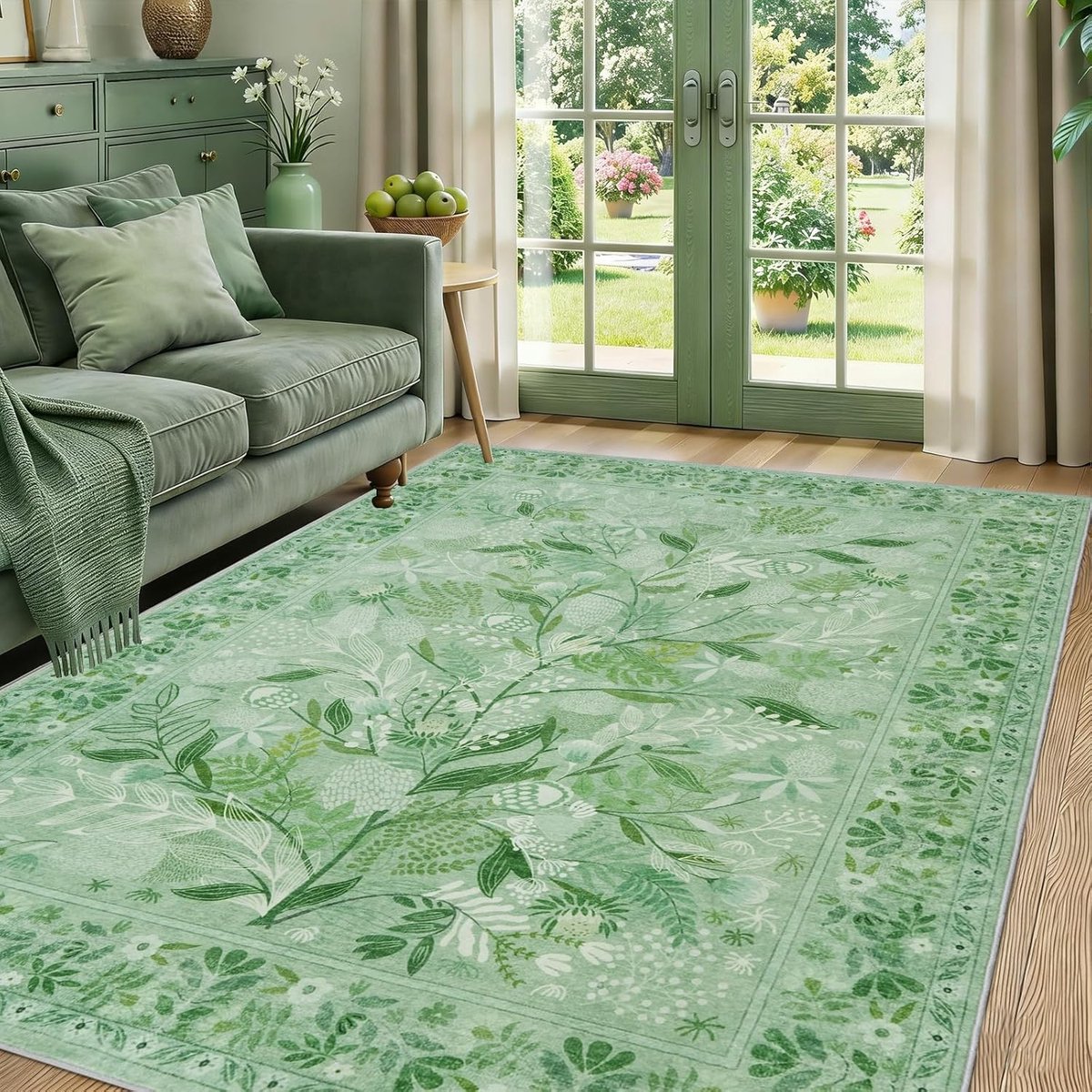SnelShoppen - Famibay Wasbare Tapijten voor Woonkamer, 160 x 230 cm, Groen Laagpolig Vloerkleed met Bloemenprint voor Slaapkamer, Eetkamer en Kantoor