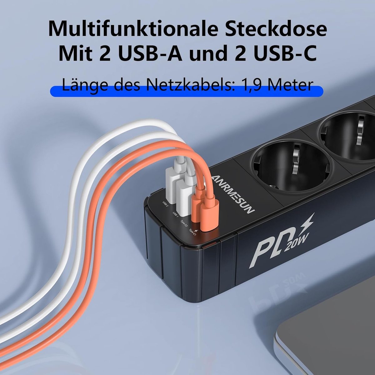SnelShoppen - Stekkerdoos met USB C PD 20 W, 3-voudig stopcontact met overspanningsbeveiliging, 4 USB (2 USB-C), 1,9 m kabel met schakelaar voor thuis
