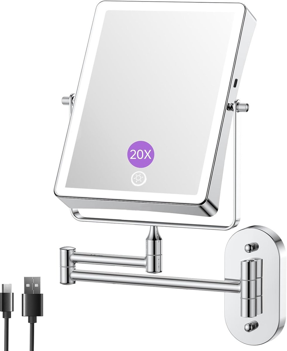 SnelShoppen - Cosmetische spiegel met verlichting wandmontage, 5000 mAh accu, 20-voudige vergroting, 3 dimbare lichtkleuren, touch-sensor, 360° draaib