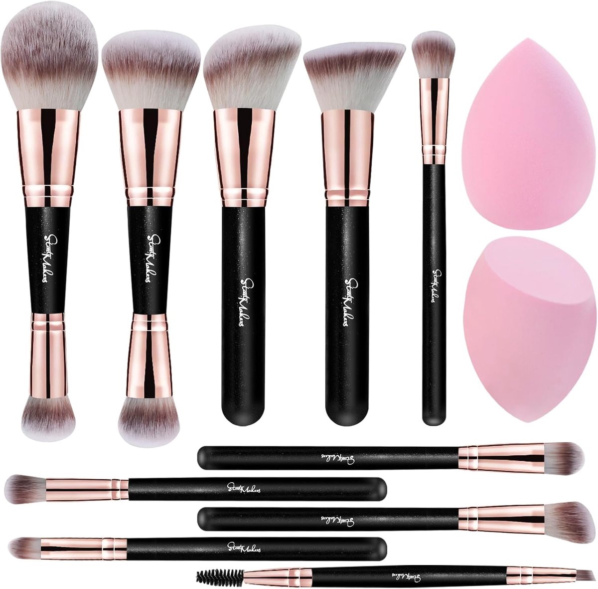 SnelShoppen - 12 Stuks Professionele Duo-End Make-Upkwasten met Make-Upsponsjes - Foundation, Poeder, Rouge, Concealer & Oogschaduwkwasten voor Perfec