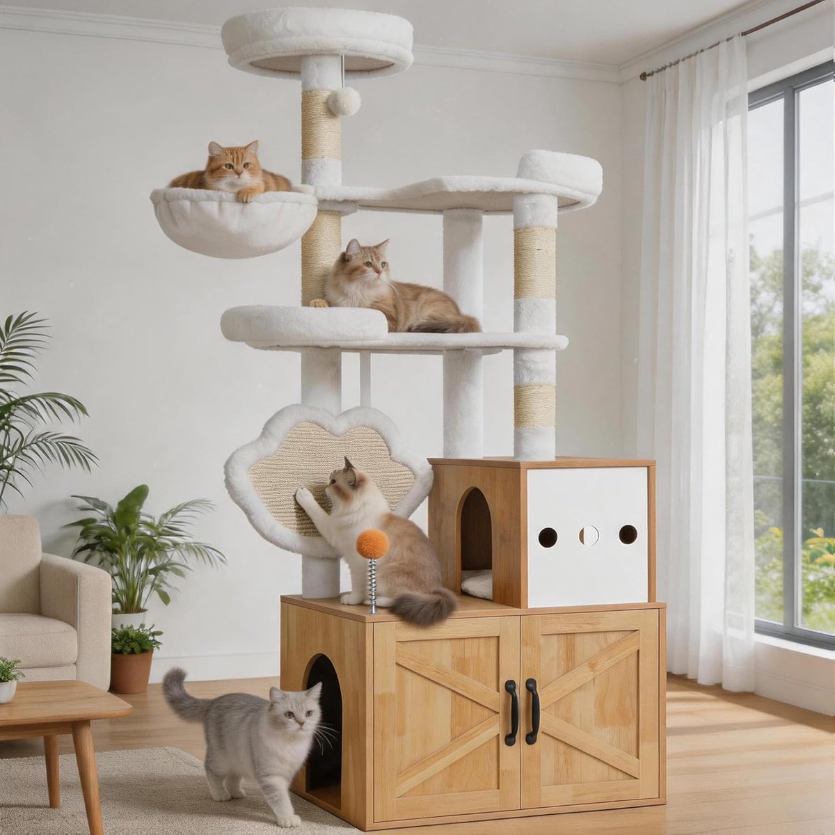 SnelShoppen - Heybly Krabpaal met Kattenbak 162 cm - Moderne Kattenboom van Hout met Kattenhuis, Ligvlakken, Krabplank, Speelgoed in Walnoot Kleur voo