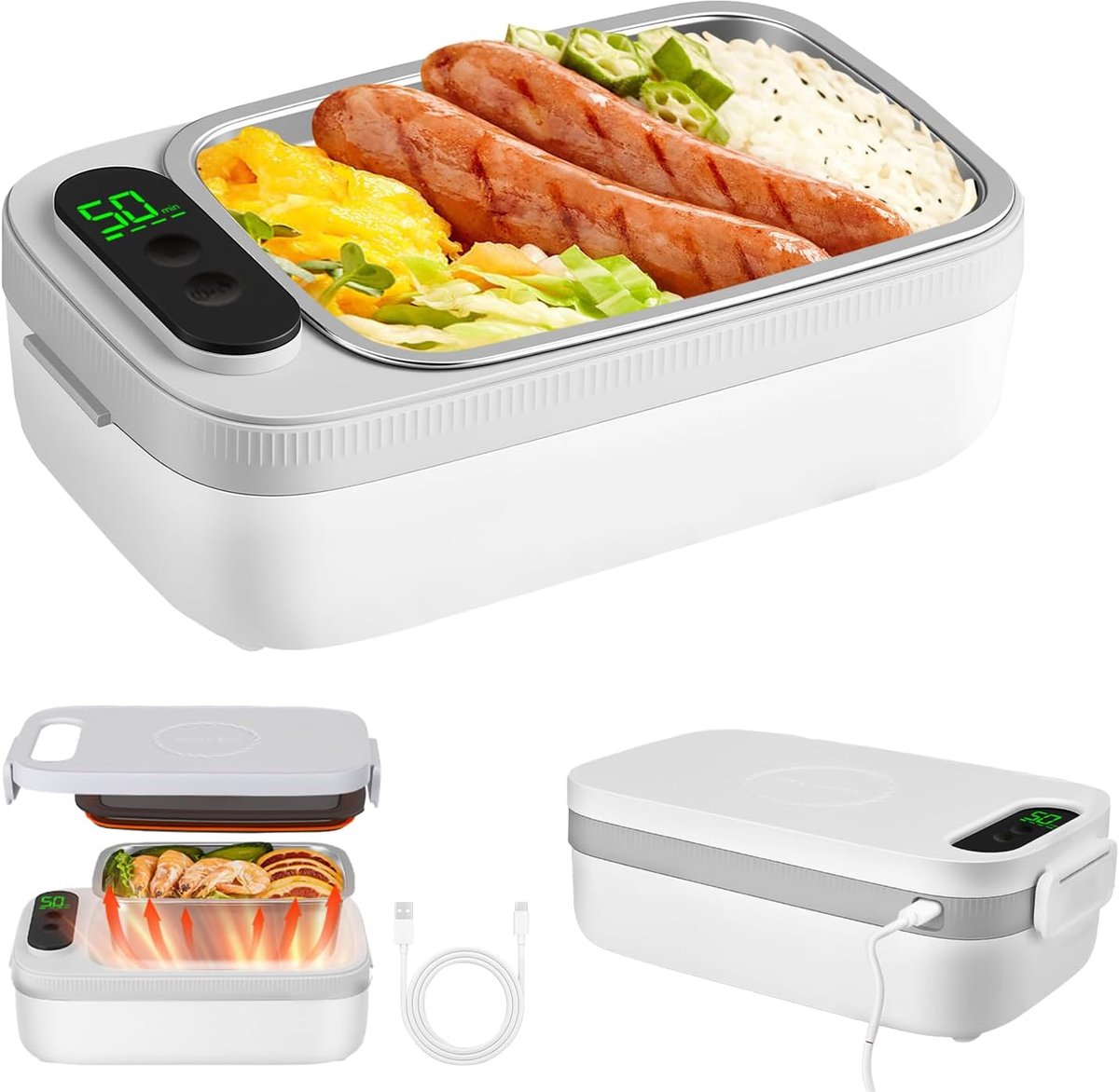 SnelShoppen - Elektrische Lunchbox met Accu 1 Liter - Verwarmde Roestvrijstalen Heatsbox voor Volwassenen - 14.000 mAh - Ideaal voor Werk, Camping en