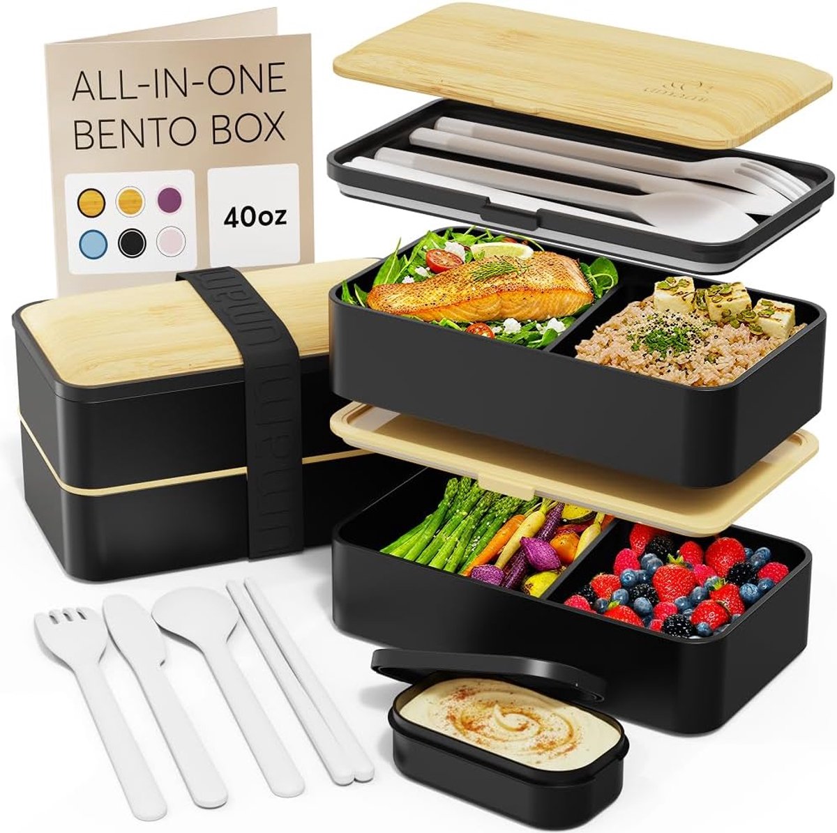 Thijox - Umami Bento lunchbox met 2 containers, 4 bestek, Tuppercompartimenten, Japanse Bento Box-stijl, zwart en bamboe, 1200 ml, ideaal voor werk, s