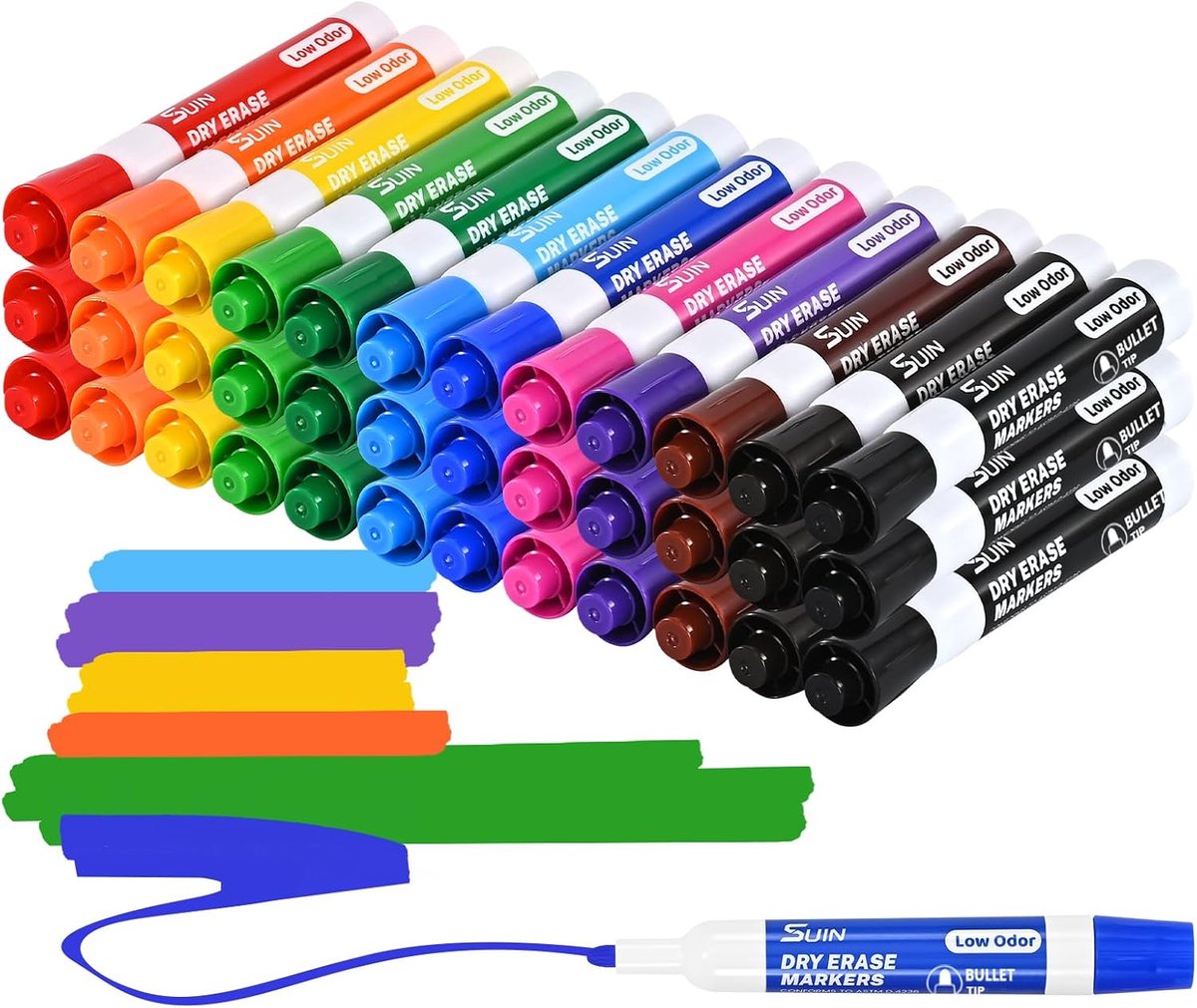 SnelShoppen - 36 Whiteboardmarkers, 12 Kleuren per 3 Stiften, Afwisbare Whiteboardstiften met 2,7 mm Ronde Punt, Geurarme Inkt, Grote Verpakking voor