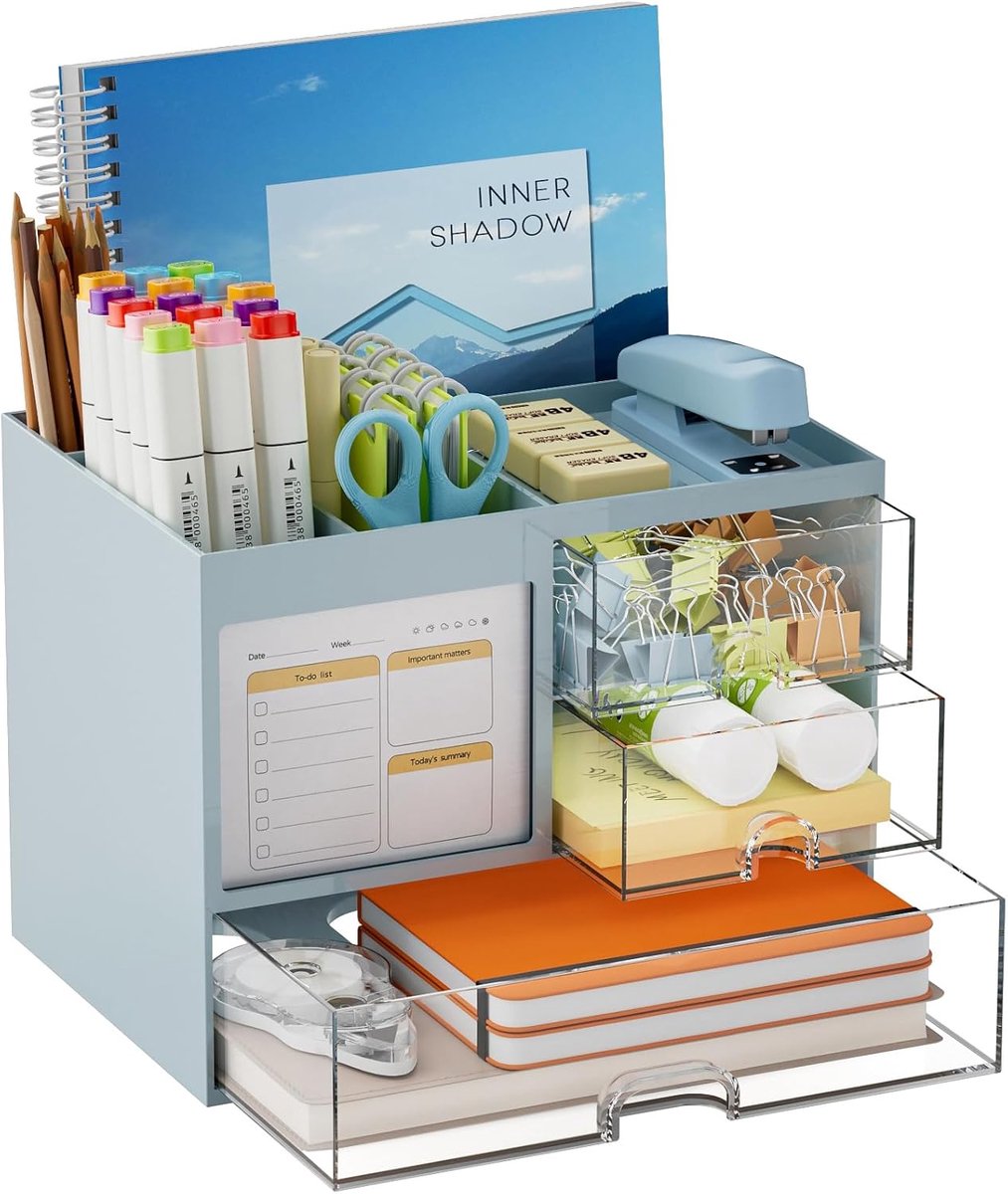 SnelShoppen - Marbrasse Bureau-organizer met 3 Laden en Grote Pennenhouder, 4 Vakken voor Kantoor, Thuis en School, Blauw, Ruimtebesparend en Praktisc