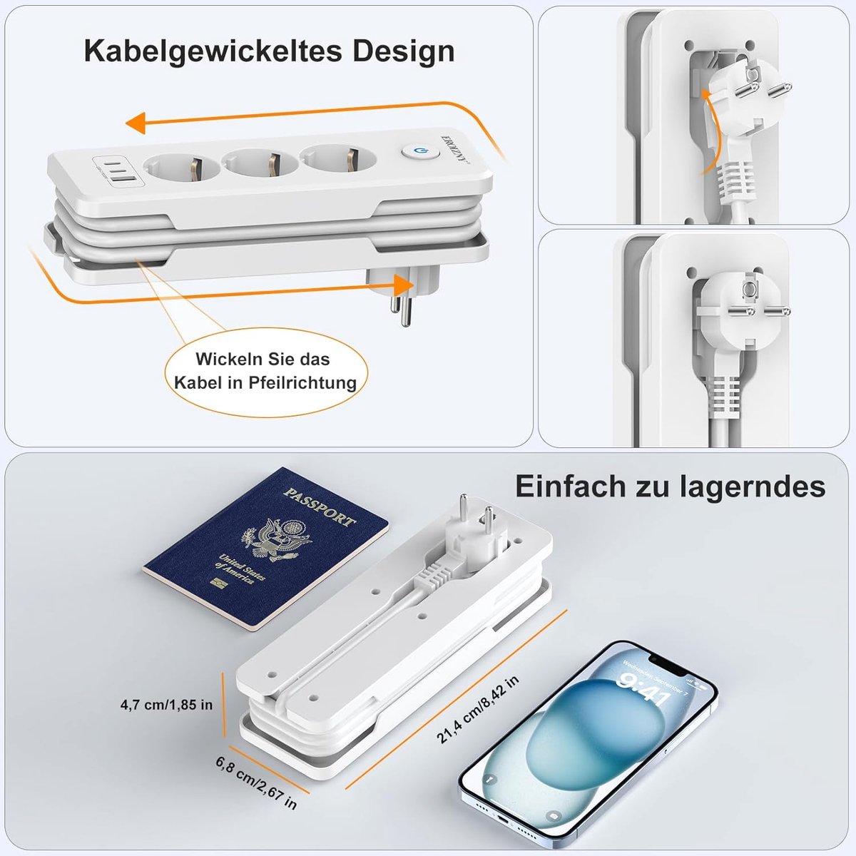 SnelShoppen - Stekkerdoos met 2 USB C (PD 20W), 1 USB A, 3-voudig Meervoudig Stopcontact met Schakelaar, Overspanningsbeveiliging, Ideaal voor Thuis e