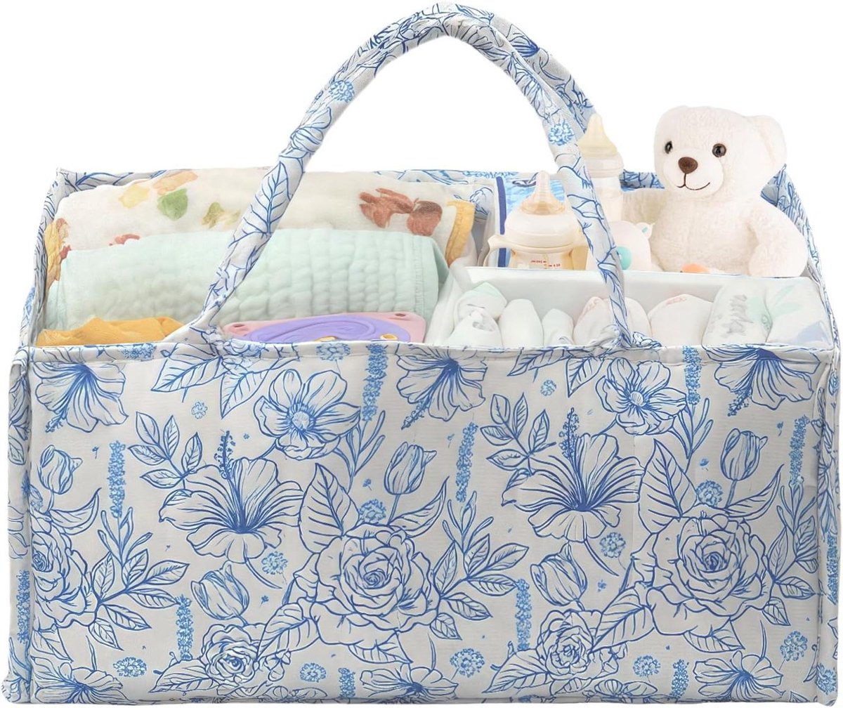 Luiertas Organizer - Babymand - Baby Spullen Opbergen - Afneembare Scheidingswand - 37 x 24 x 18 cm - Blauwe Bloemen