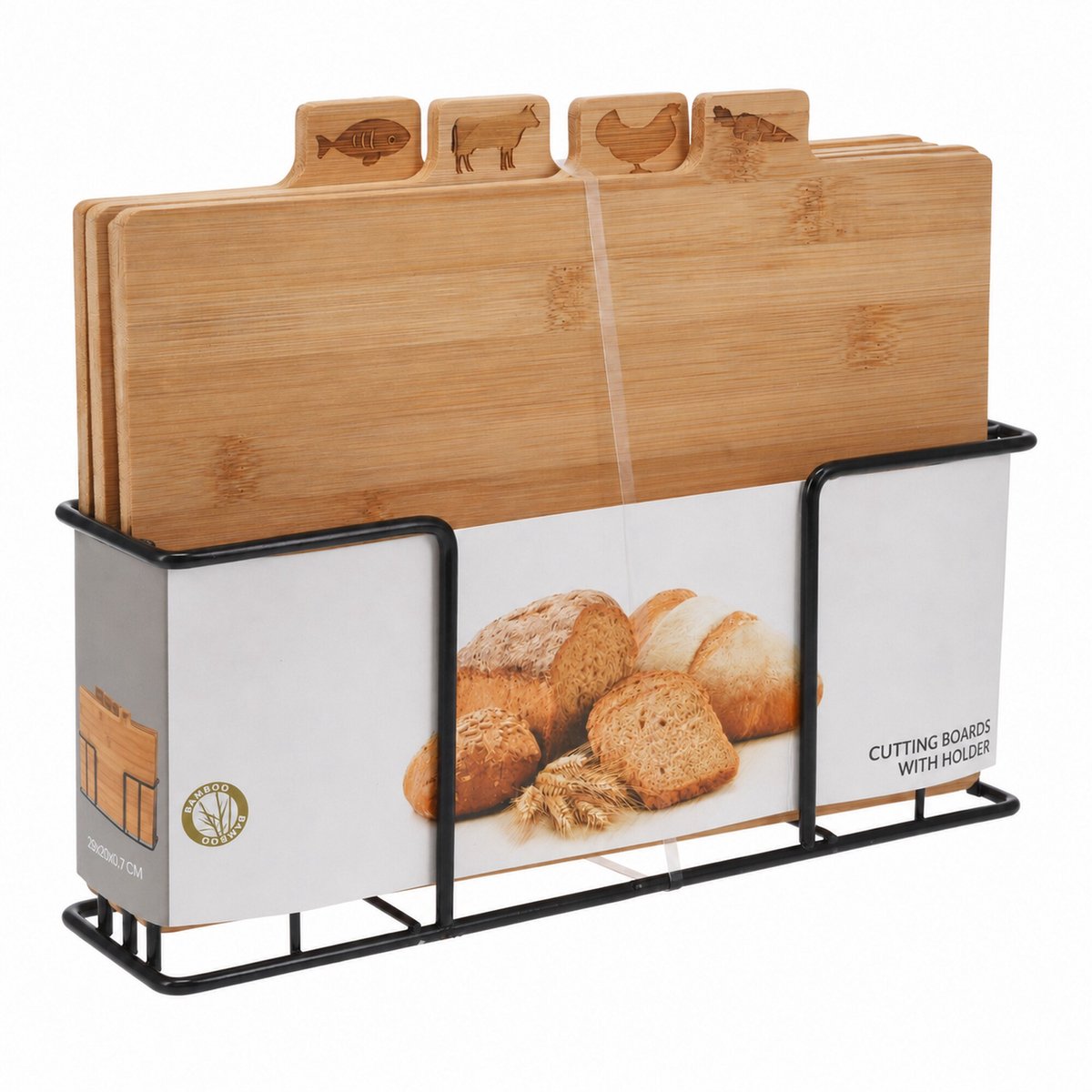 EasyMart Bamboe Snijplankenset 4-delig met Houder - 4 Snijplanken 28 x 20 cm - Voor Vlees, Vis, Kip en Groente