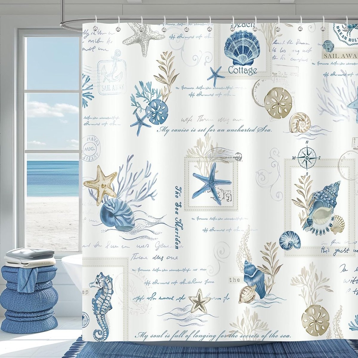 Nautische Douchescherm met Oceaan Thema en Sterrenzeesterren - Waterdicht en Schimmelbestendig Polyester 180x180cm met 12 Haken voor Badkamerdecoratie