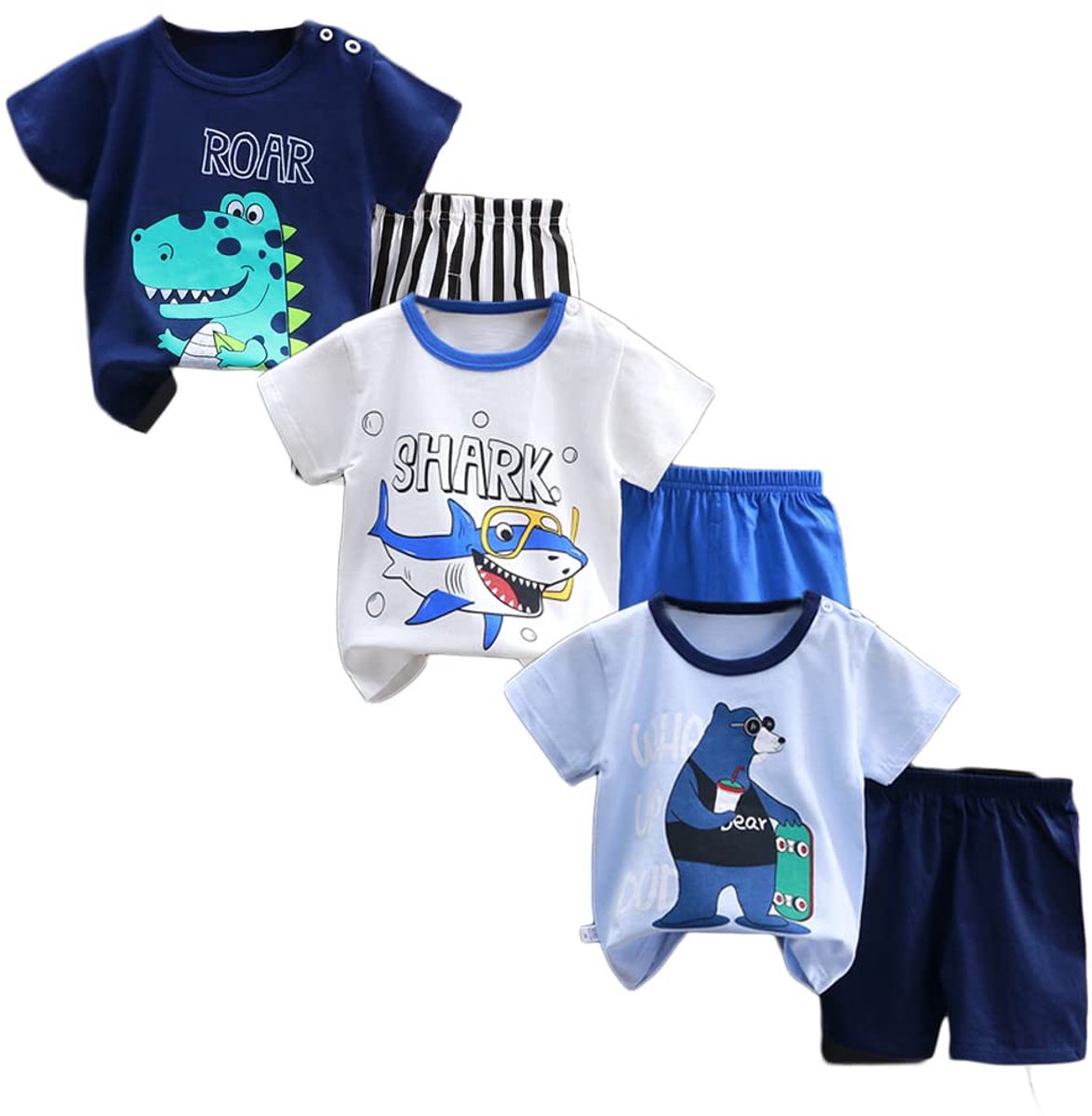 SnelShoppen - Baby & Jongens Korte Broek en T-Shirt Set - 3-delige Katoenen Set, Ademend, Met/ Zonder Schouderknopen, Maten 73-130, Meerkleurig, Voor