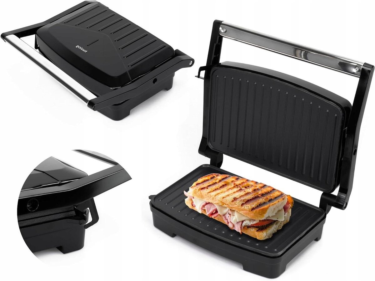 Kontaktgrill Paninimaker - Tosti Apparaat - Snelle Snacks Maken - Antiaanbakplaten - 28x22.5cm - Zwart