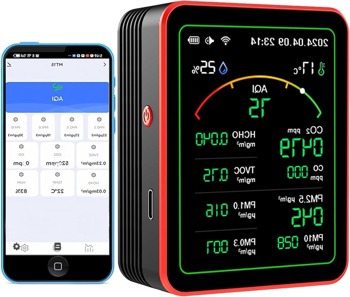 Luchtkwaliteit Monitor - App Monitor - Binnenklimaat Meten - 15-in-1 Meting - 90 x 70 x 35 mm - Zwart