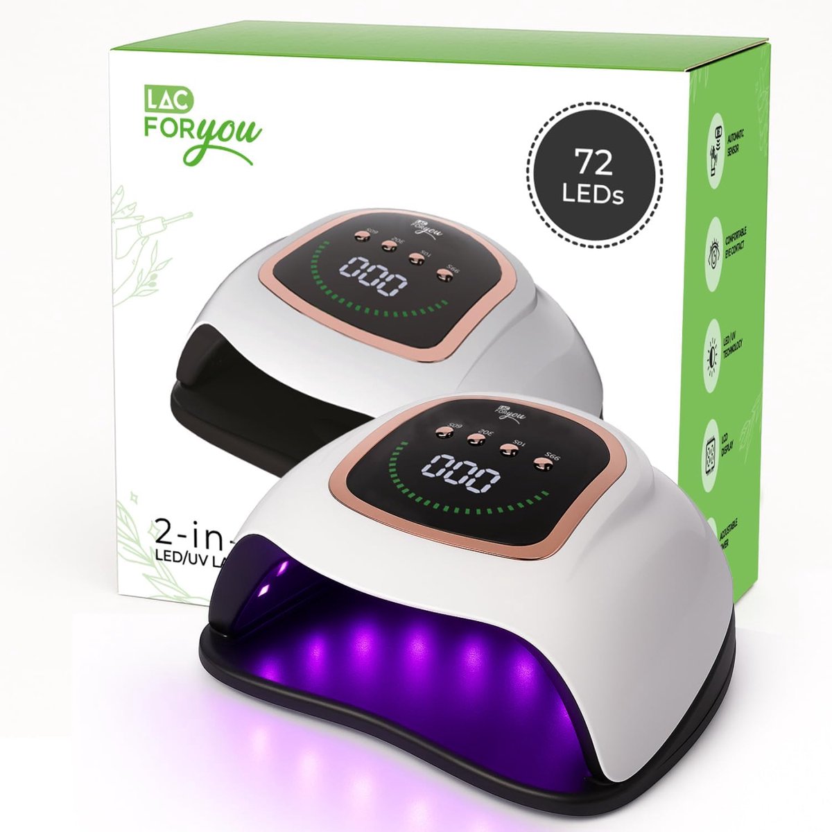 SnelShoppen - UV-led-nagellamp voor semi-permanente nagels, 72 leds, 365 + 405 nm, automatische sensor, 4 timers, lage warmte, afneembare basis, LCD-d