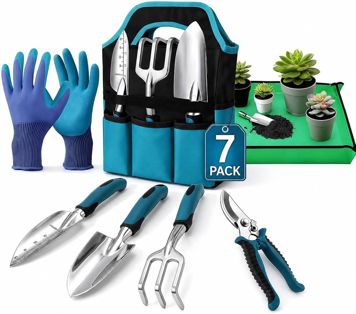 SnelShoppen - Complete 7-delige Tuinwerkset - Ergonomisch Tuingereedschap van Aluminium met Antislip Handgreep - Roestvrij - Inclusief Tas - Ideaal vo