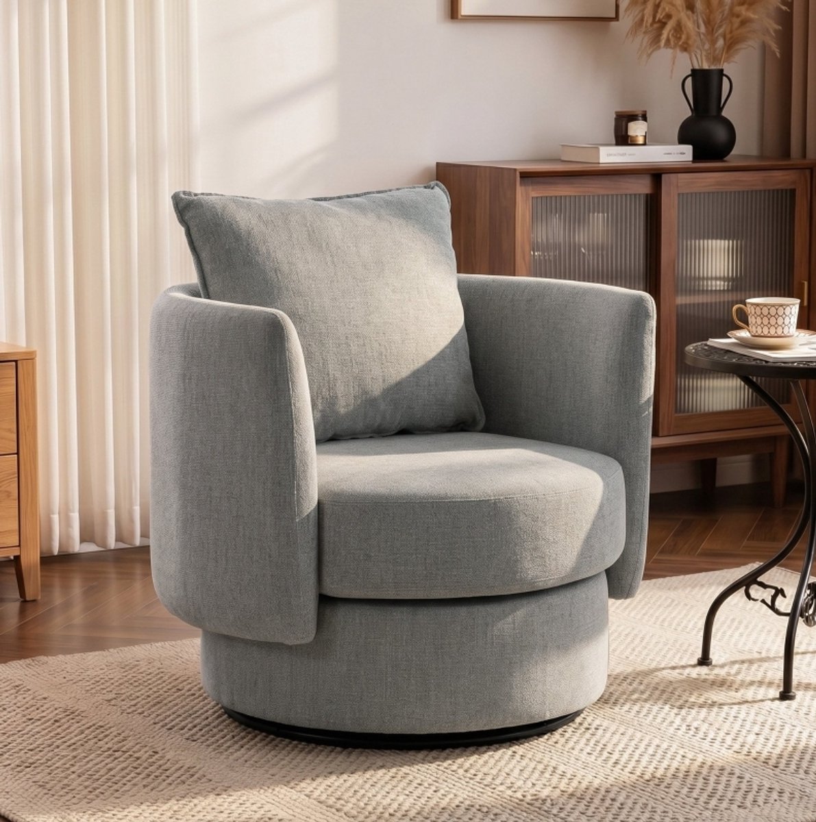HAUSS SPOLE Fauteuil - Draaifauteuil - 360 Graden Draaibaar Met Kussen En Armleuningen - Voor Woonkamer En Slaapkamer - Stof Lichtgrijs