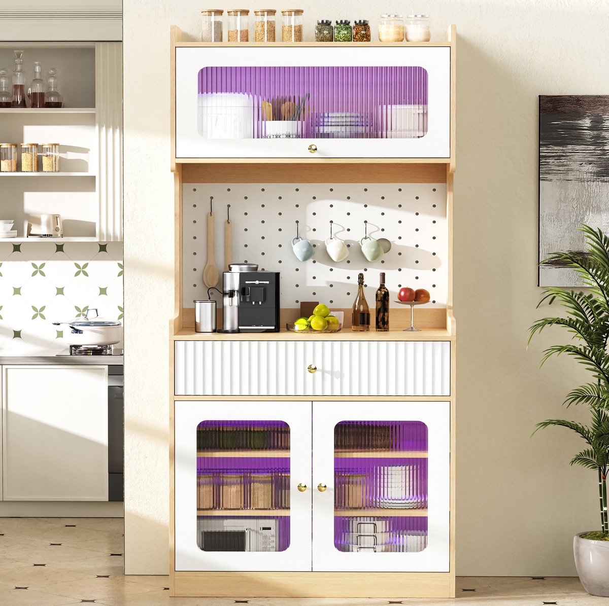 COVREO Keukenkast 80x40x180 cm naturel en wit, MDF met LED en verstelbare planken