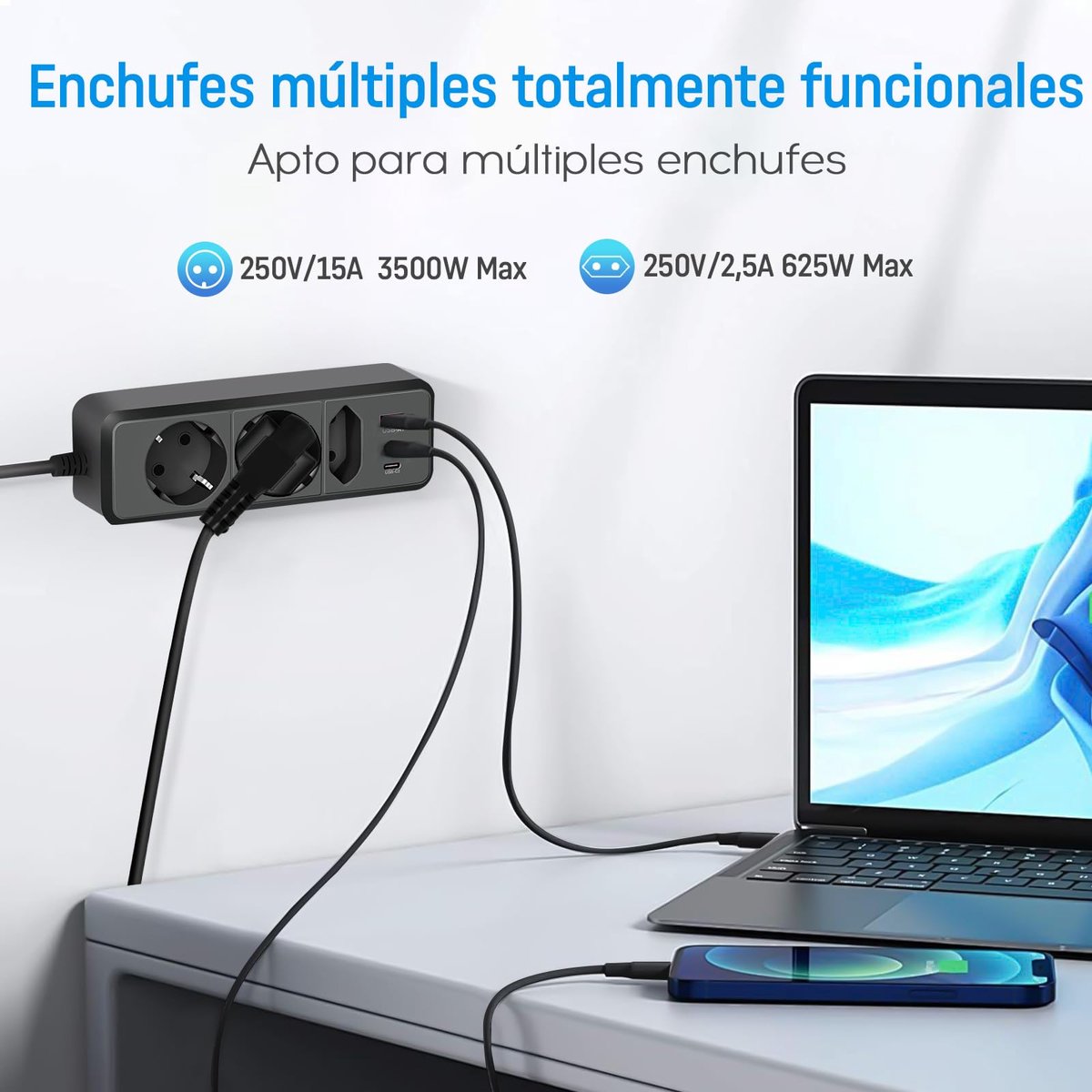 SnelShoppen - Stekkerdoos met 4 USB Poorten, Maximaal 2500 W, 16 A, Met USB-C Aansluiting, Wandmontage, Schakelaar voor Smartphones en Laptops