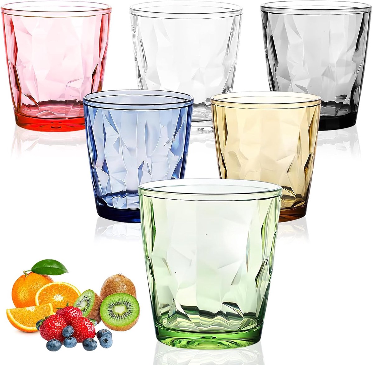 SnelShoppen - Waterglazen kunststof set van 6 stuks, kleurrijke herbruikbare onbreekbare drinkglazen 330 ml, stapelbare bekers voor koude en warme dra