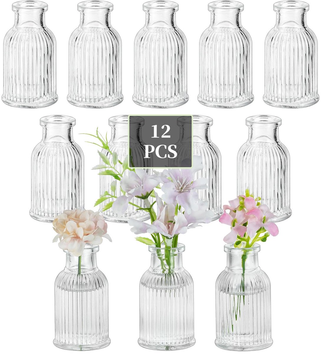 SnelShoppen - Set van 12 Glazen Kleine Vazen voor Tafeldecoratie - Mini Bloemenvaas Modern - Perfect voor Bruiloft, Feest, Thuis en Woonkamer Decorati