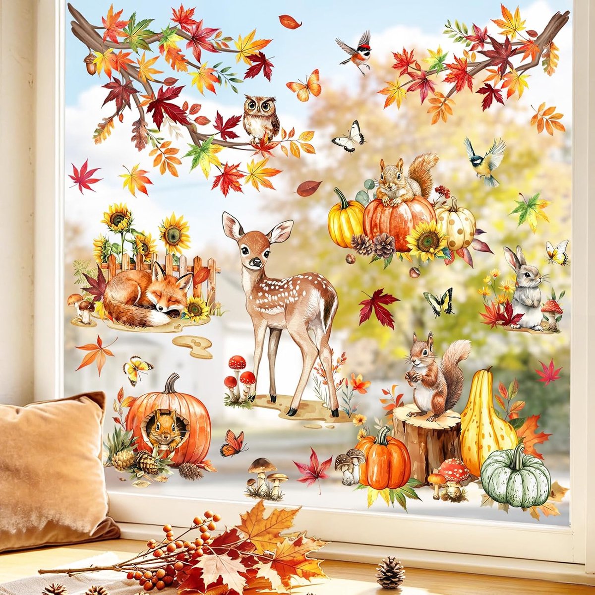 Herfst Dieren Raamstickers Klampen Eekhoorn Herten Herfst Bladeren Venster Sticker - ShopVlot