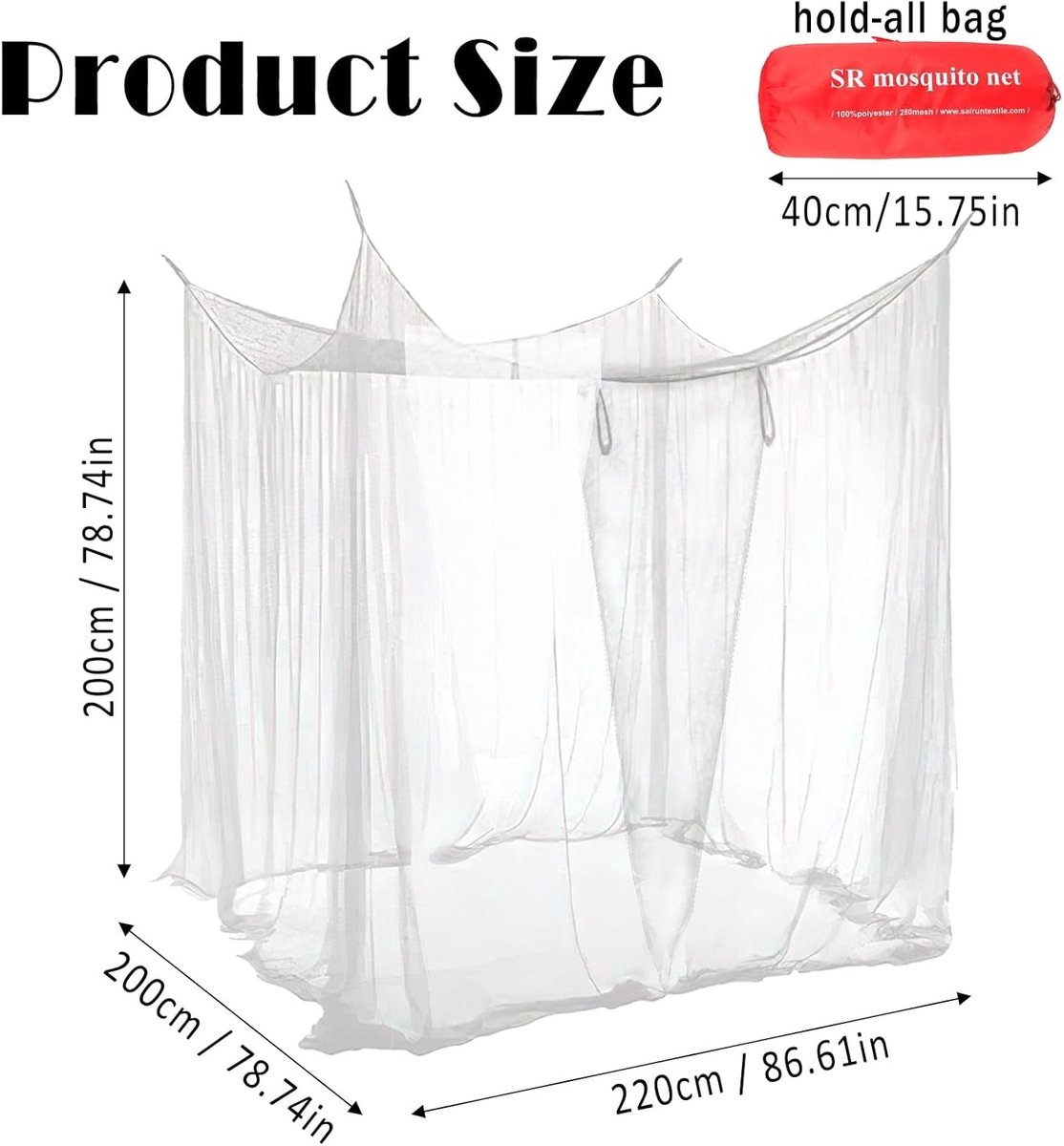 Mosquito Net voor Tweepersoons- en Eenpersoonsbedden - Insectenscherm zonder Ingang - Rectangular 220 x 200 x 200 cm voor Kamperen, Tuin en BBQ