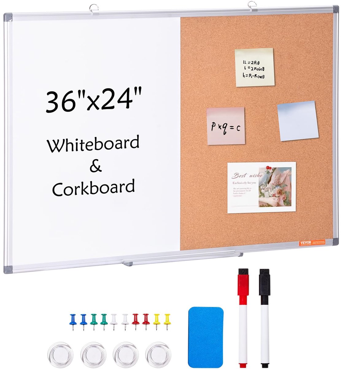 SnelShoppen - VEVOR 36"x24" witbord en kurkbord combo met aluminium frame - 2-in-1 magnetisch droog uitwisbaar prikbord voor wandmontage - ideaal voor