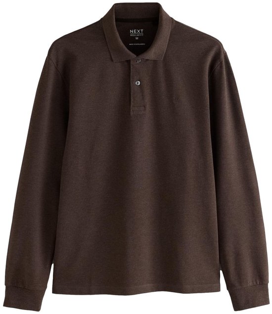 Een bruin poloshirt met lange mouwen van merk 'NEXT', normale pasvorm, met een kraag en knoopsluiting.
