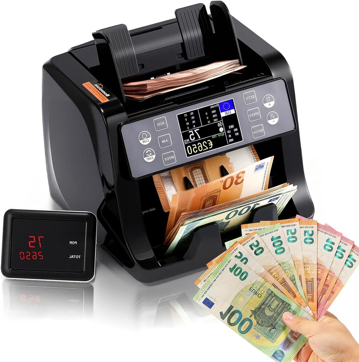 Bankbiljettenteller - Geldtelmachine - Waarde Tellen - Valsherkenning UV MG - 1500 stuks/min - Zwart