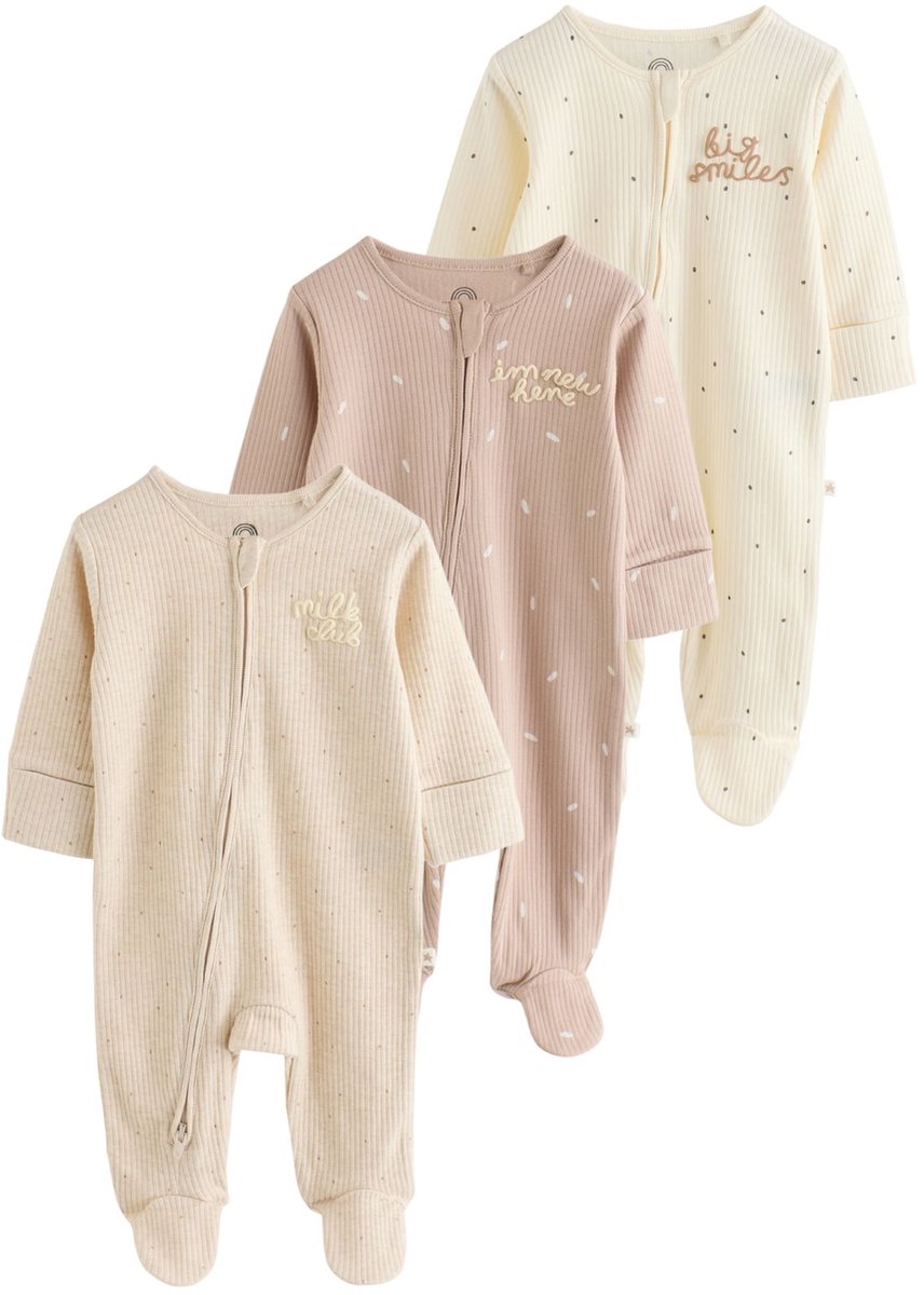 Next - Pasgeboren unisex - Set van 3 babypyjama's met tweewegritssluiting - Naturel