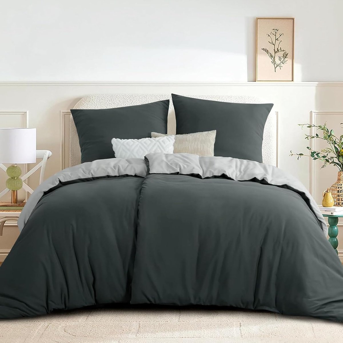 SnelShoppen - RUIKASI Beddengoedset 135 x 200 cm, 4-delig Antracietgrijs, Omkeerbaar Dekbedovertrek met Ritssluiting, Zacht Oeko-Tex Microvezel, Strij