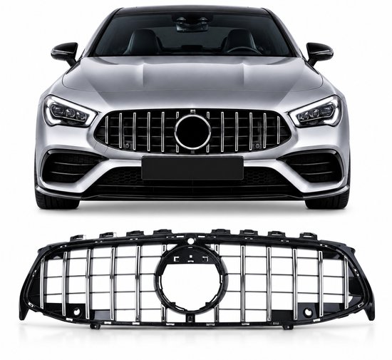 Zilverkleurige sedan met Panamericana grille, vergelijkbaar met de sportgrille van de AMG GT.