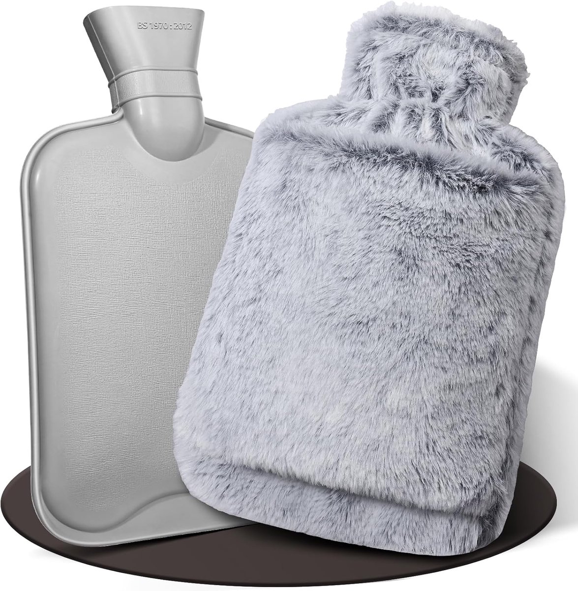 SnelShoppen - Warmwaterkruik met hoes 2 l, lekvrij, grijs, kangoeroezak, bedfles voor nek, schouders, rug, buik, perfect cadeau voor familie, vrienden