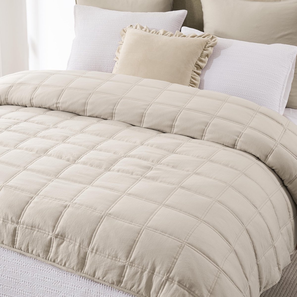 SnelShoppen - R.SHARE Sprei 220 x 240 cm in Tarwe, Zachte Bedsprei van Microvezel, Geruite Knuffeldeken voor Bed en Bank, Oeko-Tex, Ideaal voor Lente