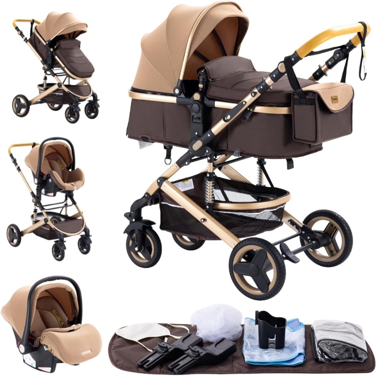 Kinderwagen 3-in-1 - Reiswieg Combi - Baby Vervoer - Dubbel Schokdemping - 60 x 40 cm - Khaki