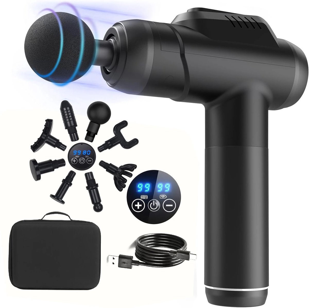 SanaVida - Massagepistool - Spiermassage apparaat - Dieptemassage apparaat - 8 Accessoires & Opbergtas - Type C-Lading - Zwart