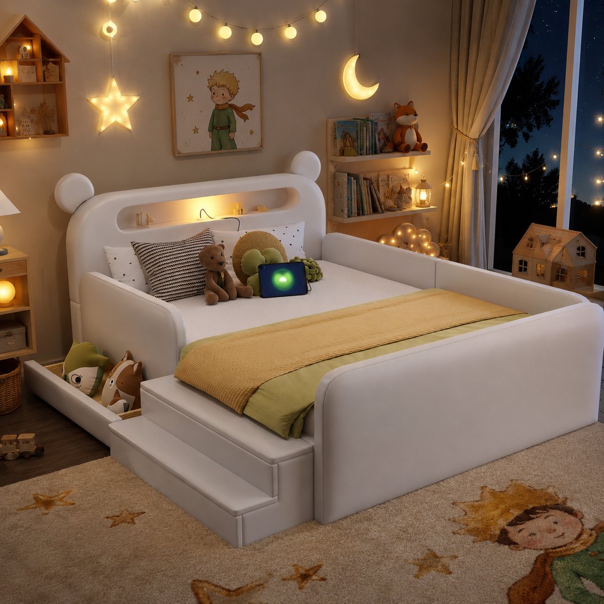 Welltin Kinderbed 140x200 cm - Tweepersoonsbed - Gestoffeerd bed - Multifunctioneel bed - Vloerbed - Met opbergvak - Met nachtlampje - Met USB-oplaadpoort - Veilig en comfortabel - Wit