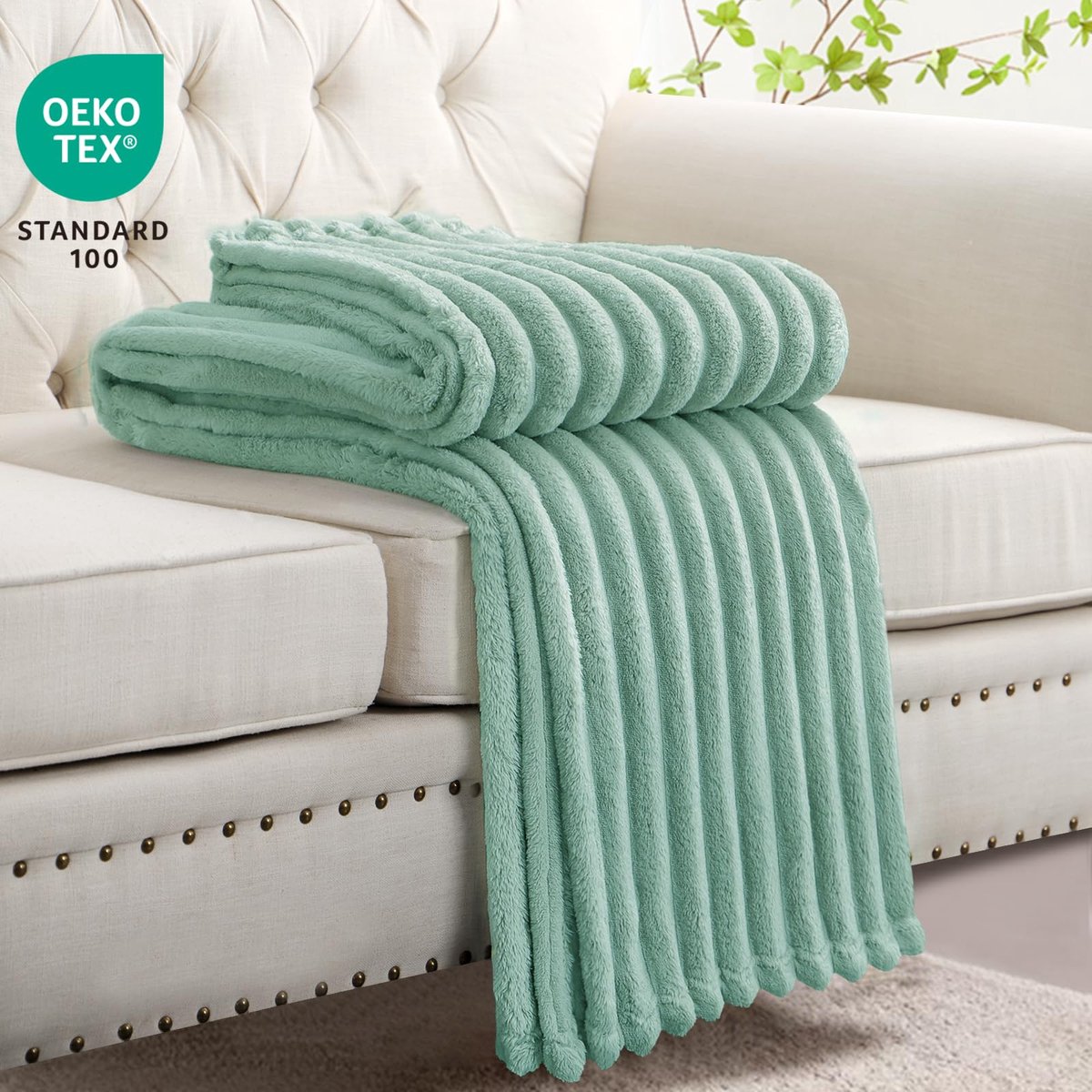 SnelShoppen - Fleece plaid 150 x 200 cm, extra zachte flanellen deken voor op bed of bank, mosgroen, 100% microvezel, warme dekens voor koude avonden, — cadeau in Wonen & Interieur - foto 2